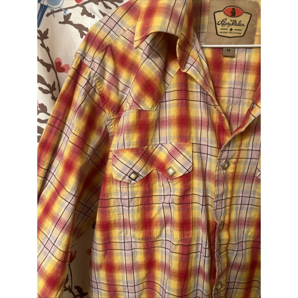 Larry Mahan Western Shirt Mens Medium Pearl Snap Plaid Sunset Cowboy Collection - Picture 7 of 15